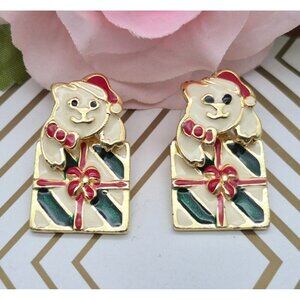 AIM CHRISTMAS Earrings 3-D Rotatable Kittens On Presents Enamel 1" Pierced